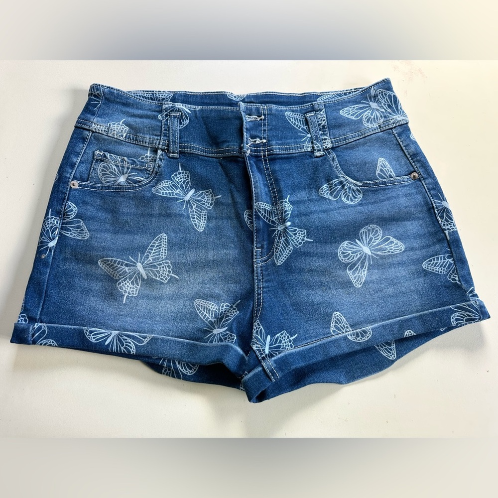 No Boundaries Blue Jean Shorts Butterfly Print